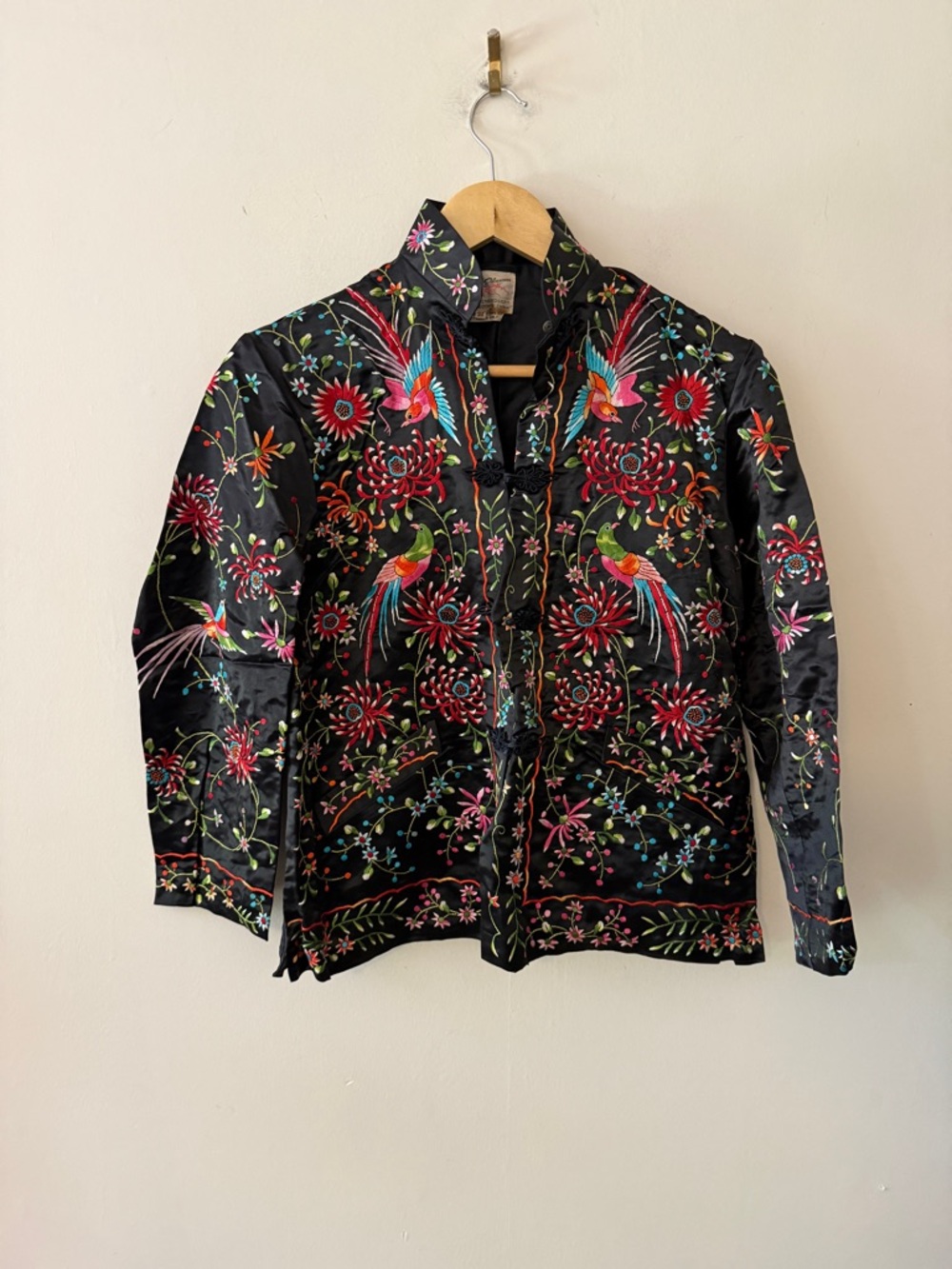 Black Hand Embroidered Jacket with Floral & Bird Motif